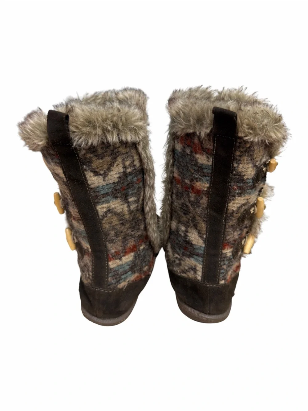 Woolrich Suede Wool Blend Fur Sherpa Winter Boots Aztec Toggle Mid Calf Size 7